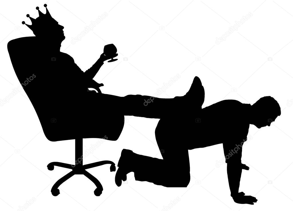 Silhouette vector of a selfish man with a crown on his head sitting in an armchair, threw back his legs on the man's back