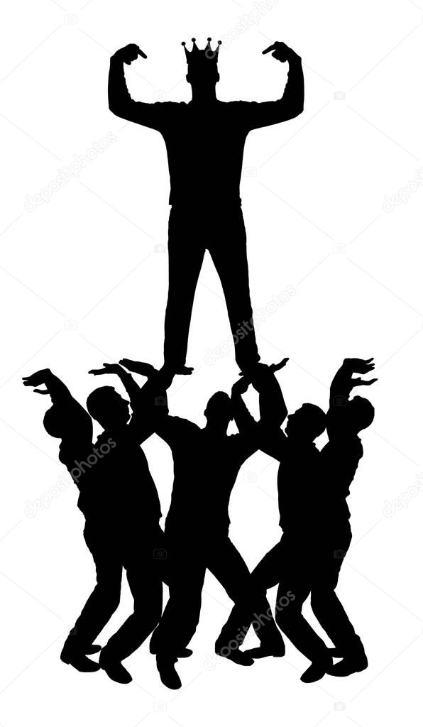 Silhouette vector of a selfish and narcissistic man with a crown on his head, he stands on a crowd of men