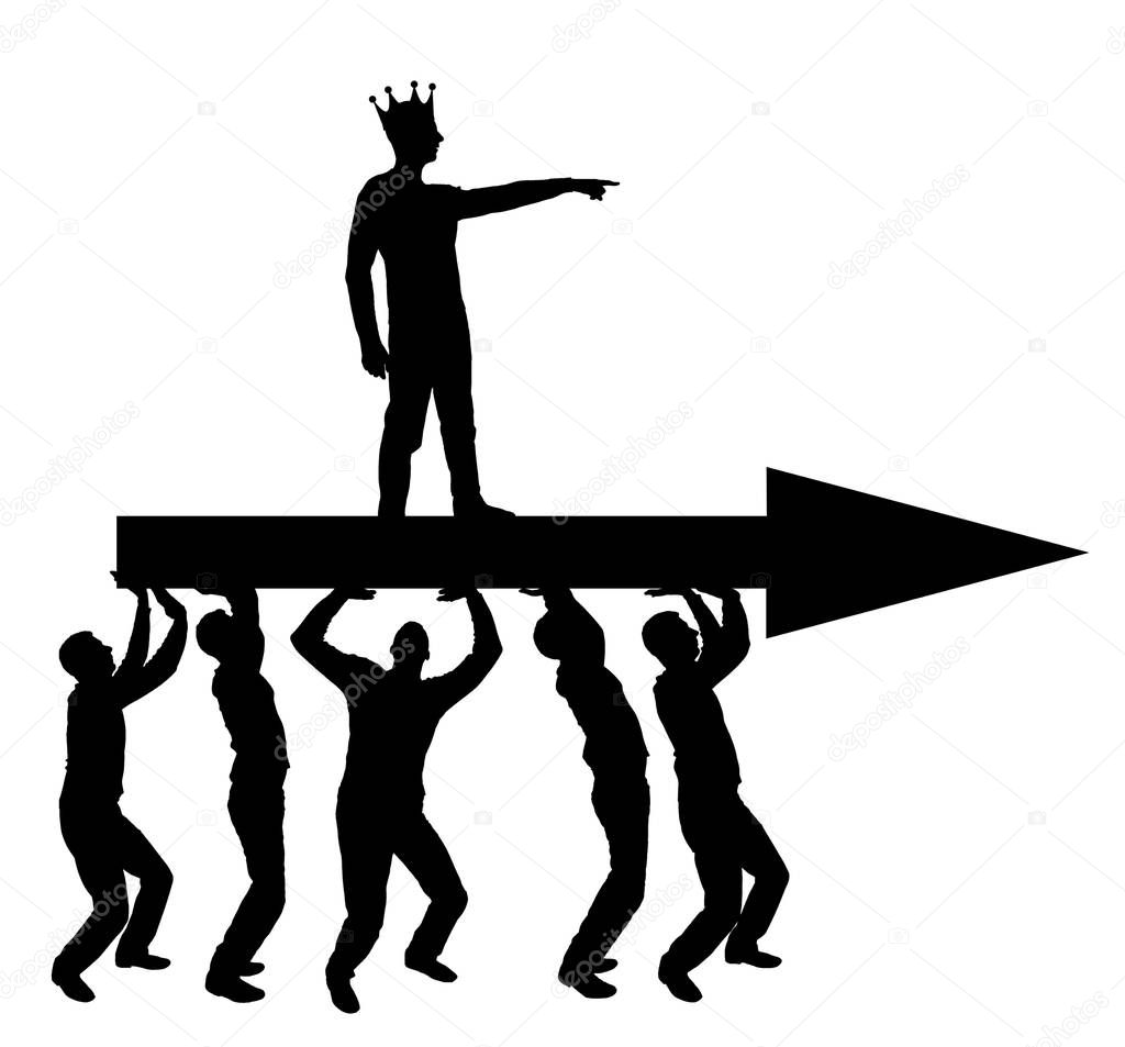 Silhouette vector of a selfish man with a crown on his head indicates to people who carry him, where to move