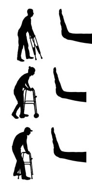 Bir kadın ve adamın devre dışı, koltuk değneği ve el hareketi durdurmak için bir Walker'la siluet vektör