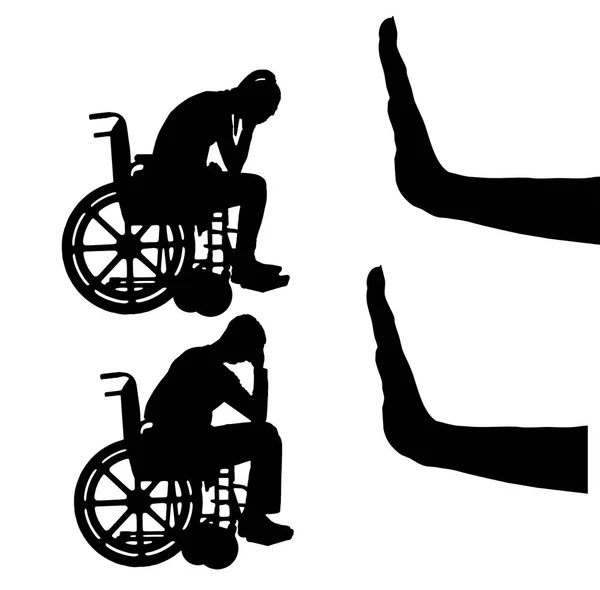Silhouette vector of sad disabled woman and man in wheelchair and hand gesture stop — Stock Vector