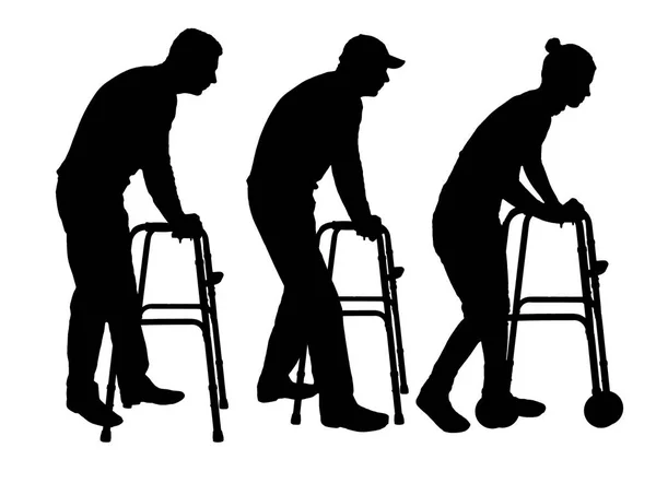Vecteur de silhouette d'un homme et d'une femme handicapés marchant, à l'aide d'une marchette — Image vectorielle