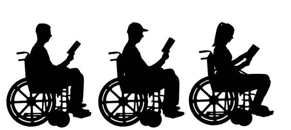 Vetor de silhueta homem e mulher com deficiência em uma cadeira de rodas lendo um livro — Vetor de Stock