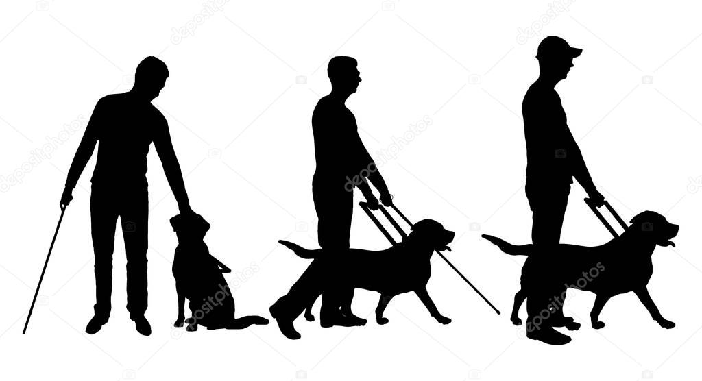 Silhouette vector of a three blind man disabled man follows a dog guide