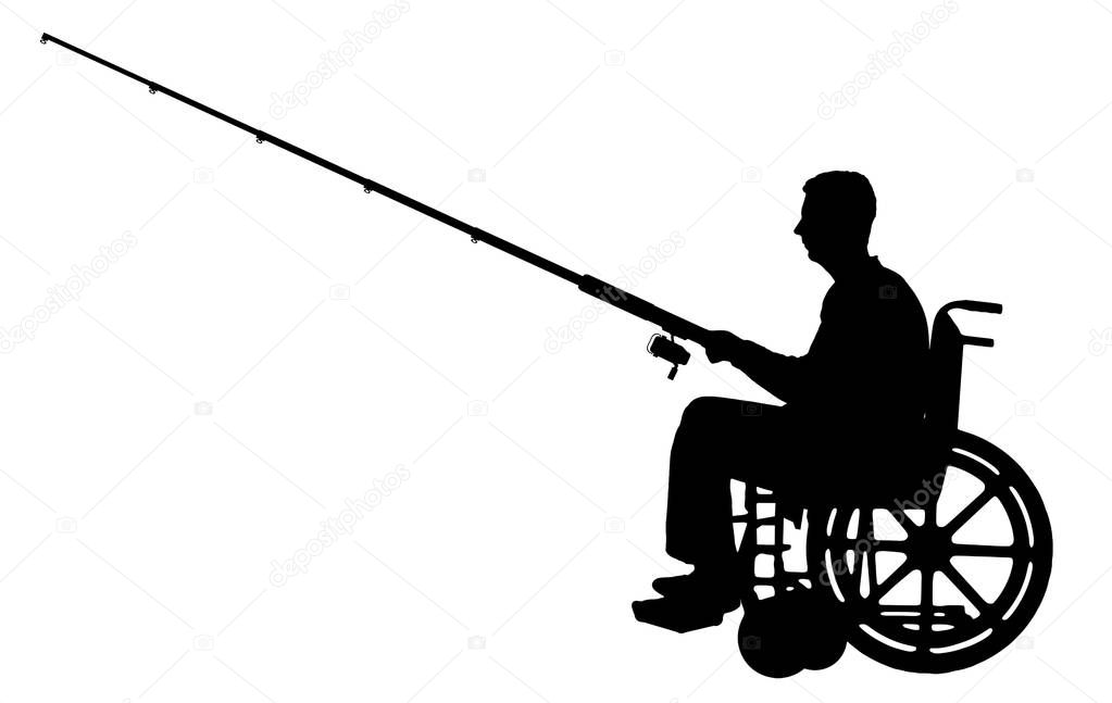 Silhouette vector of a disabled man in a wheelchair with a fishing rod
