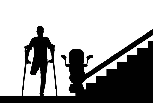 Vecteur de silhouette Personne handicapée sans jambe avec béquilles et ascenseur pour personnes handicapées — Image vectorielle