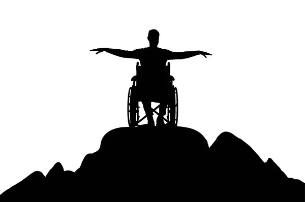 Silueta vector de hombre discapacitado feliz en silla de ruedas en la cima de la montaña — Vector de stock