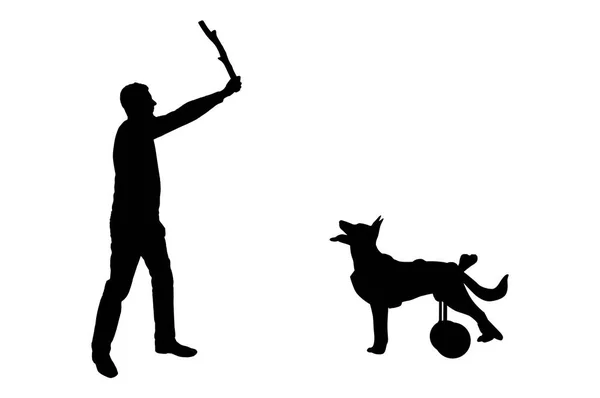 Silhouette vector Dog in a wheelchair waits for her master to throw her a stick — Stock Vector