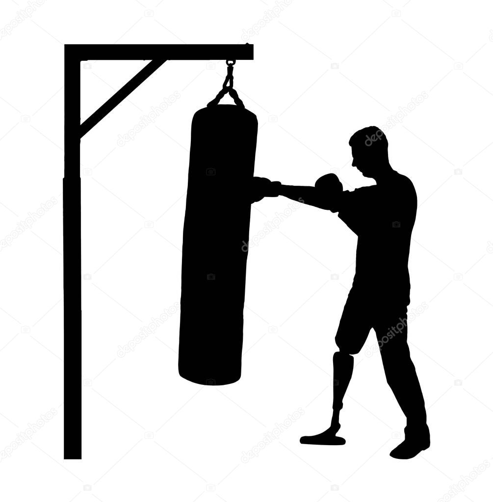 Silhouette vector of a disabled man with a leg prosthesis, engaged in boxing