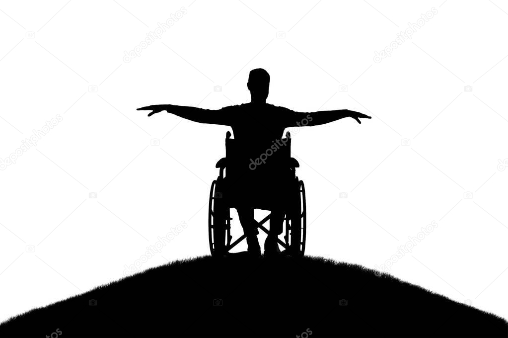 Silhouette vector of happy disabled man in wheelchair on top of hill