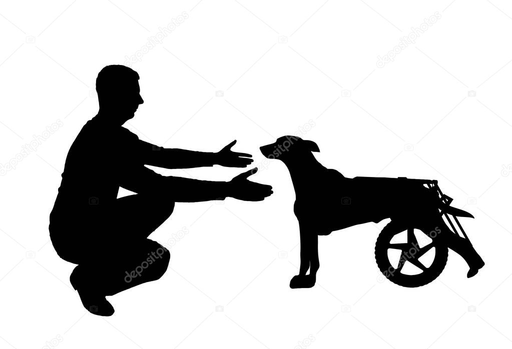 Silhouette vector Man calls for a paralyzed dog in a wheelchair