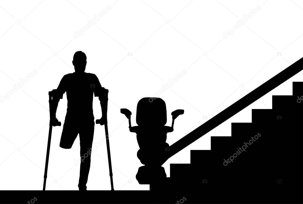 Silhouette vector Disabled person without a leg with crutches and a lift for disabled people