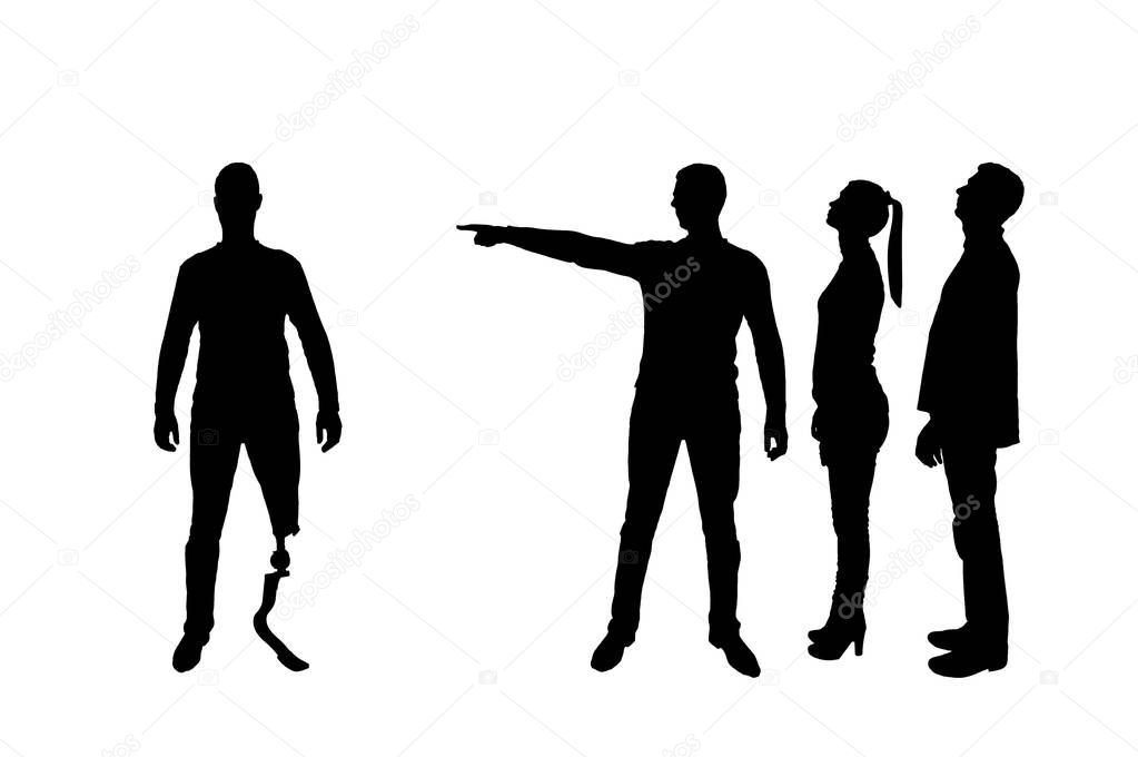 Silhouette vector. Crowd of people makes it clear to a disabled person with a leg prosthesis that he should go away