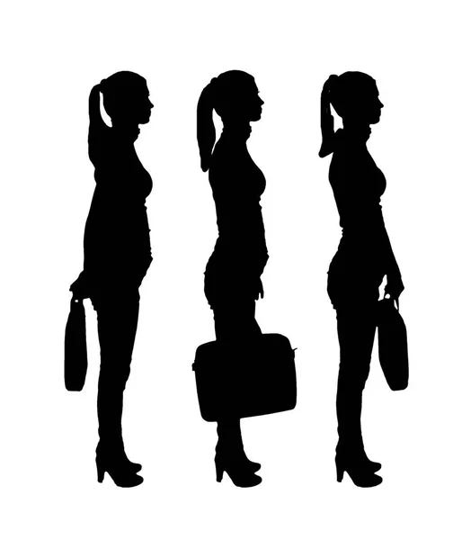 Silueta vectorial de tres mujeres de negocios con un estuche de perfil — Vector de stock