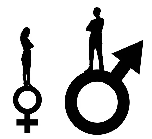 Vector silhouette of a big man and a small woman standing on gender symbols — Stock Vector
