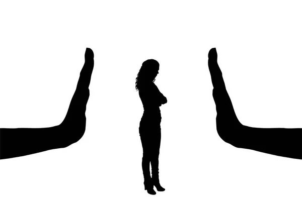 女性労働者と大きな手停止のジェスチャーのベクトル シルエット — ストックベクタ