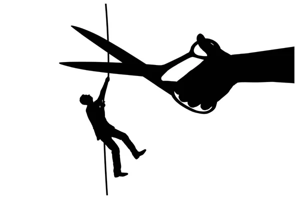 Silhouette vecteur d'un homme d'affaires grimpe sur une corde raide et une main avec des ciseaux a l'intention de couper une corde — Image vectorielle