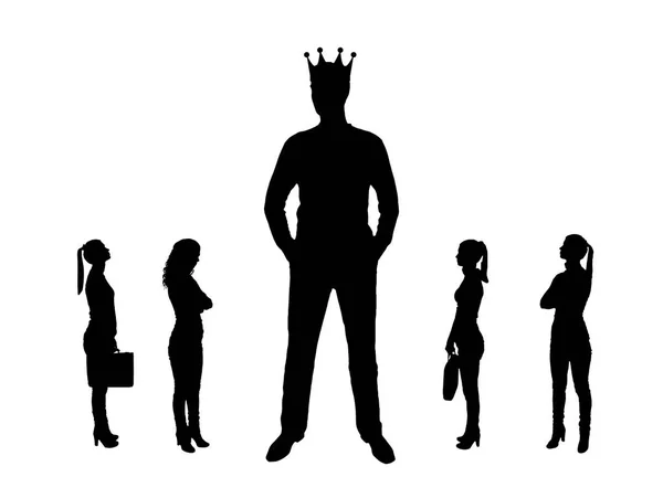 Vector silueta de un hombre grande con una corona y cuatro mujeres pequeñas cerca de él . — Vector de stock