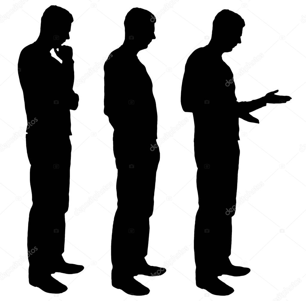 Vector silhouette of three business men standing in profile discussing some question