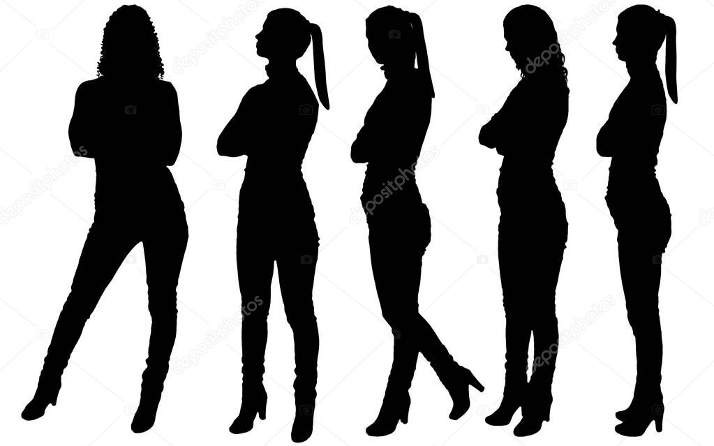  silhouette of five business women standing in different poses
