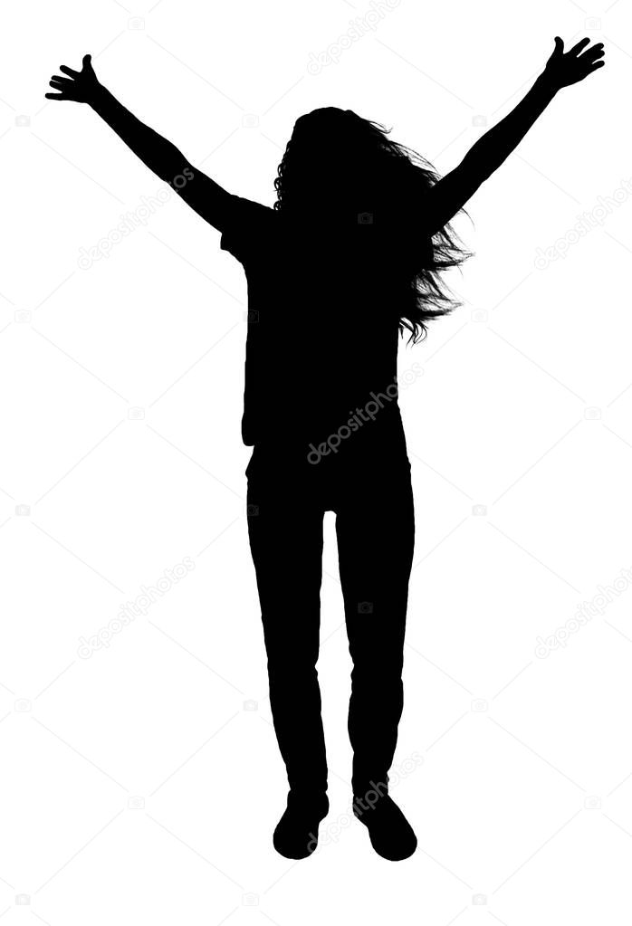 Vector silhouette of a happy woman with arms raised.