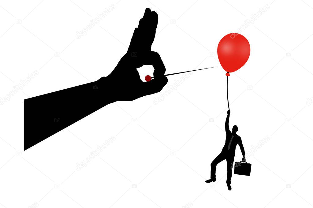 Silhouette vector of a man in the air clinging to a balloon and a hand with a needle wants to burst it