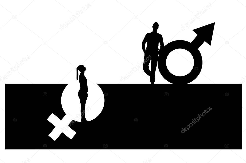 Vector silhouette of a superior man over a woman who stands in a pit out of a gender symbol