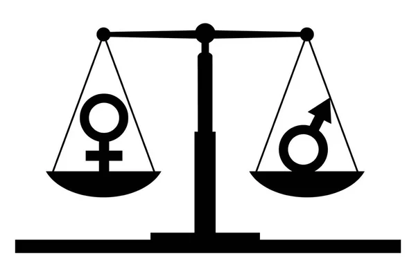 Vector silhouette of gender symbols on the scales of justice where the female symbol predominates — Stock Vector