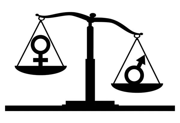 Vector silhouette of gender symbols on the scales of justice where the male symbol predominates — Stock Vector