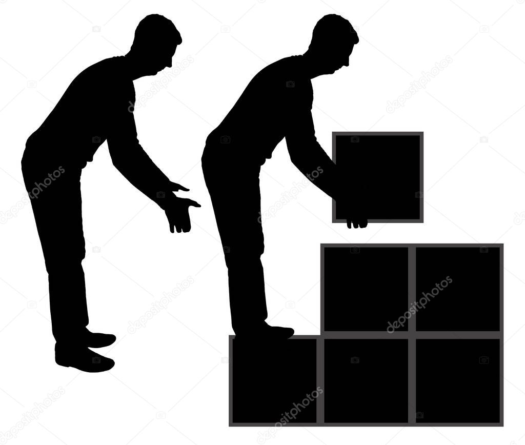 Silhouette vector of a worker who builds stairs up from square blocks