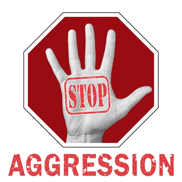 Offene Hand mit Text stoppt Aggression auf weißem Hintergrund. Globales soziales Problem — Stockfoto