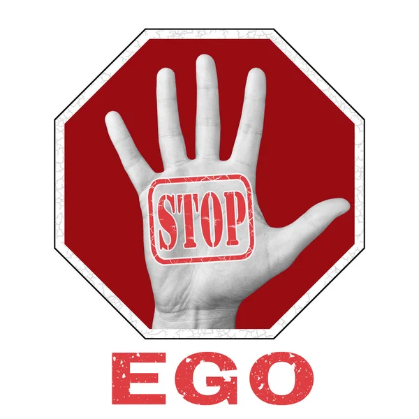 Mano abierta con texto stop ego sobre fondo blanco. Cuestión social global — Foto de Stock