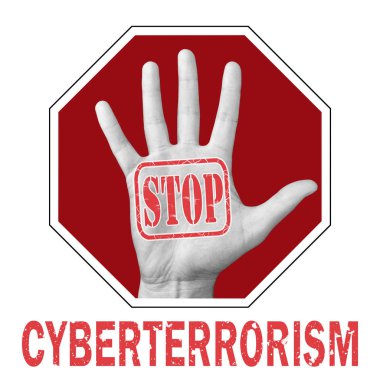 Siber terörizm kavramsal illüstrasyonunu durdurun. Siber terörizmi durdurma metnini aç.