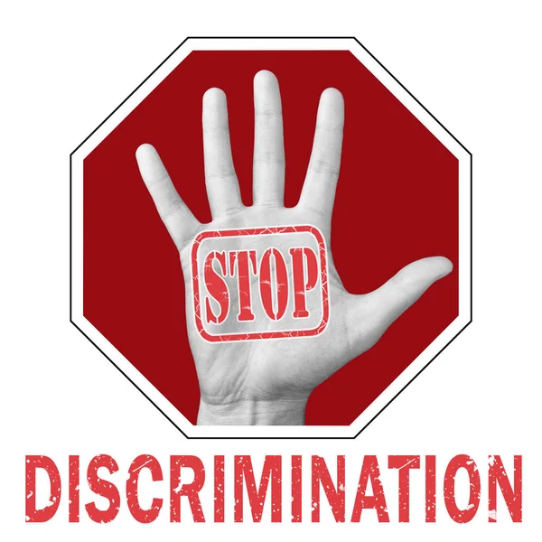 Pare com a discriminação ilustração conceitual. Abrir a mão com o texto parar a discriminação — Fotografia de Stock