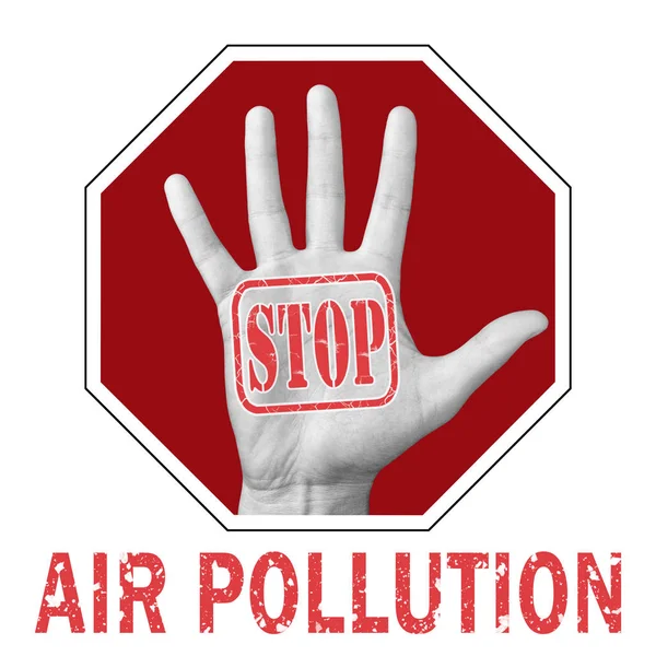 Stop conceptuele illustratie van luchtverontreiniging. Open hand met de tekst stop luchtvervuiling. — Stockfoto