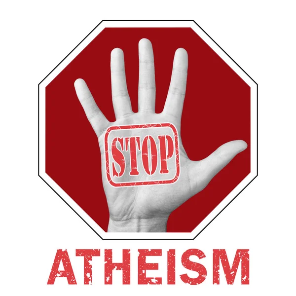 Pare a ilustração conceitual do ateísmo. Mão aberta com o texto parar ateísmo . — Fotografia de Stock