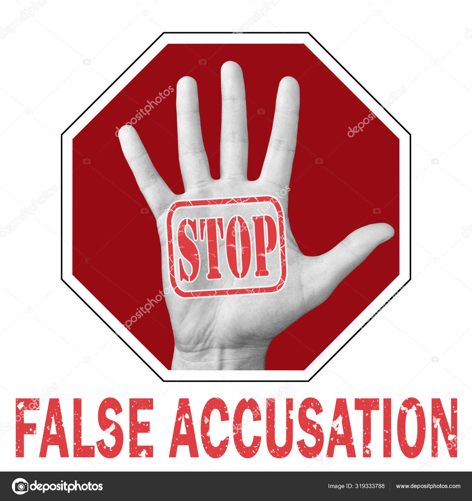 Stop false accusation news conceptual illustration. Open hand with the text stop false