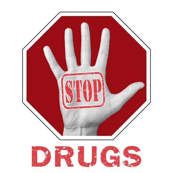 Arrêtez les drogues illustration conceptuelle. Ouvrez la main avec le texte arrêter la drogue — Photo