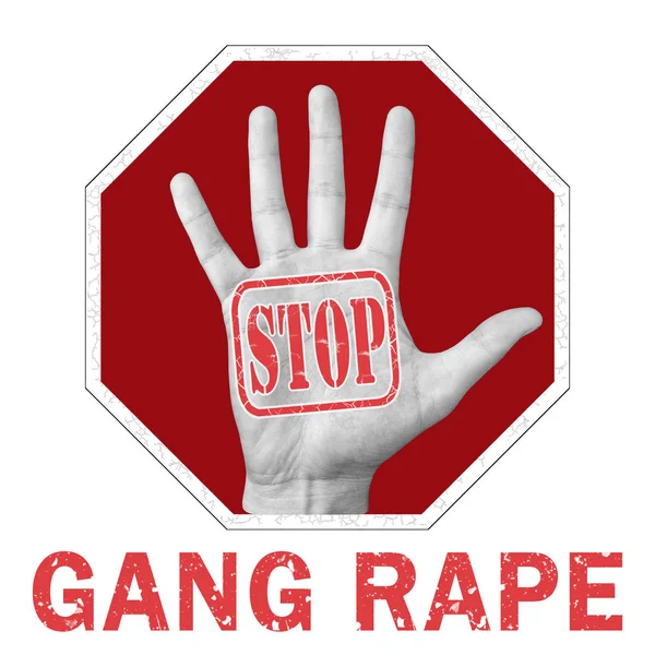 Stop gang rape conceptual illustration. Open hand with the text stop gang rape. — Stock Photo, Image