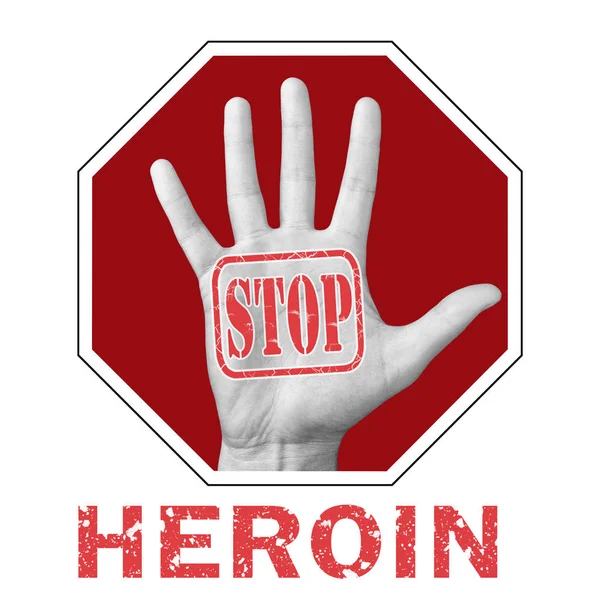 Stoppa heroinkonceptuell illustration. Öppna handen med texten stoppa heroin — Stockfoto