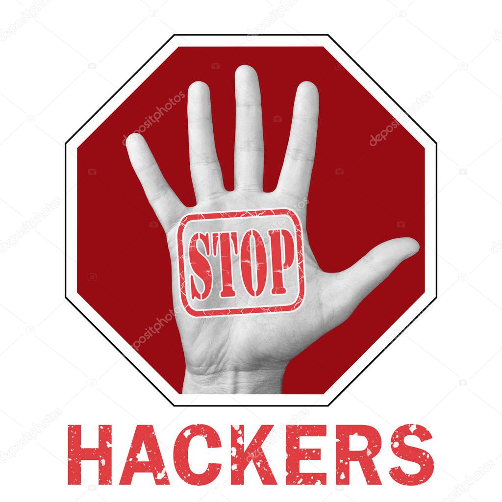 Stop hackers conceptual illustration. Open hand with the text stop hackers.