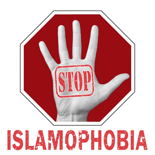 Fermare l'islamofobia illustrazione concettuale. Mano aperta con il testo stop islamofobia — Foto Stock