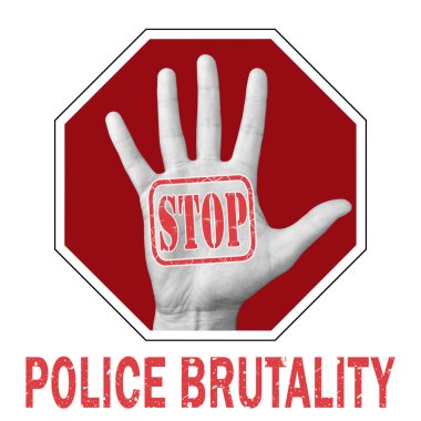 Polis şiddeti kavramsal illüstrasyonunu durdurun. Mesajla elini aç. Polis vahşetini durdur..