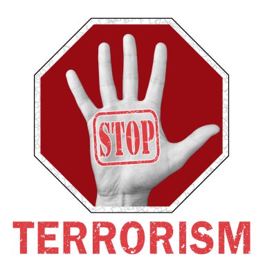 Terörizm kavramsal illüstrasyonunu durdurun. Terörizmi durdurmak için metni aç