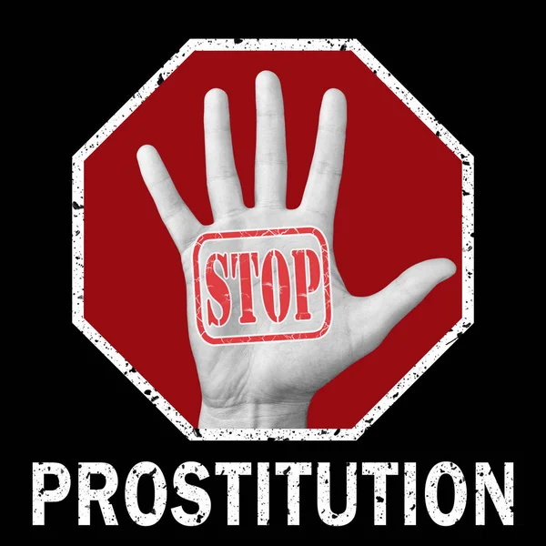 Sluta prostituera konceptuell illustration. Öppna handen med texten stop prostituerad. — Stockfoto