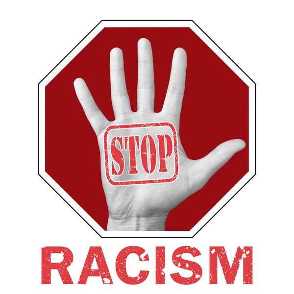 Stop rasizmowi konceptualnej ilustracji. Otwarta ręka z tekstem powstrzymać rasizm. — Zdjęcie stockowe