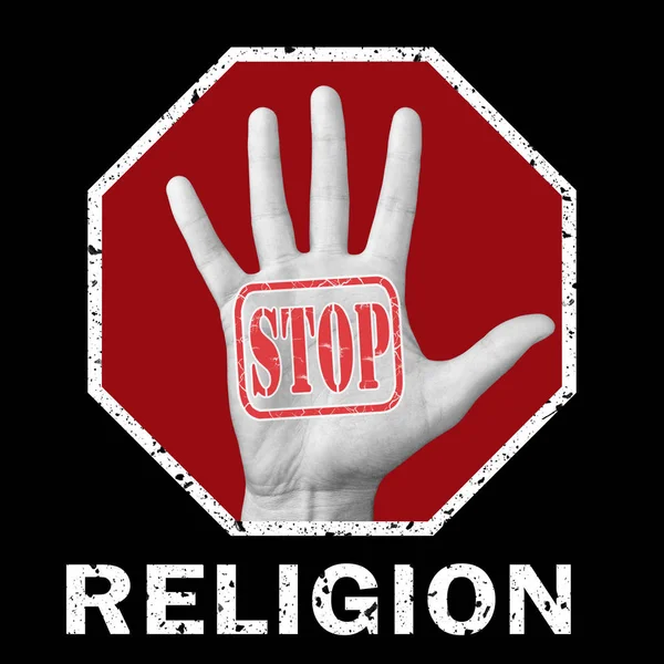 Mão aberta com o texto parar religião . — Fotografia de Stock