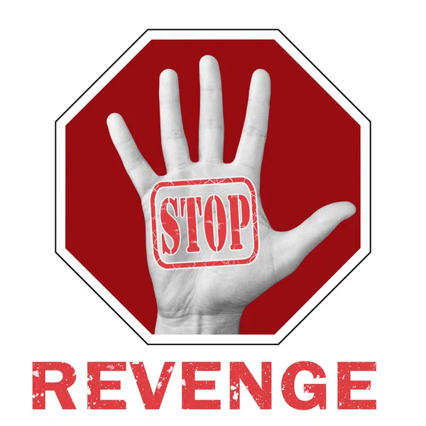 Detener la venganza ilustración conceptual. Abrir la mano con el texto detener la venganza — Foto de Stock