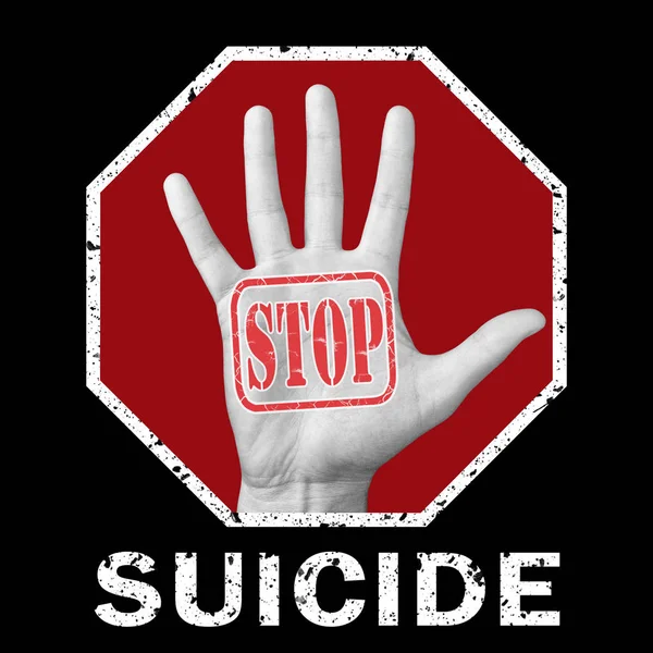 Öppna handen med texten stoppa självmord. Globala sociala problem — Stockfoto