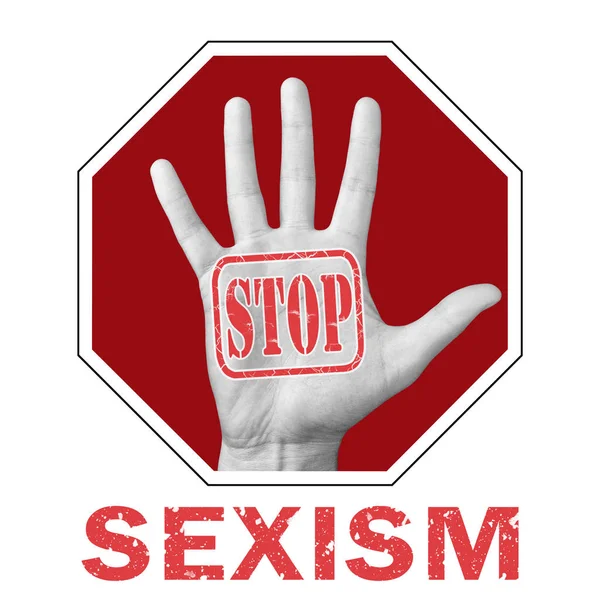 Σταματήστε τη σεξιστική εννοιολογική απεικόνιση. Άνοιγμα χεριού με το κείμενο στοπ σεξισμού — Φωτογραφία Αρχείου